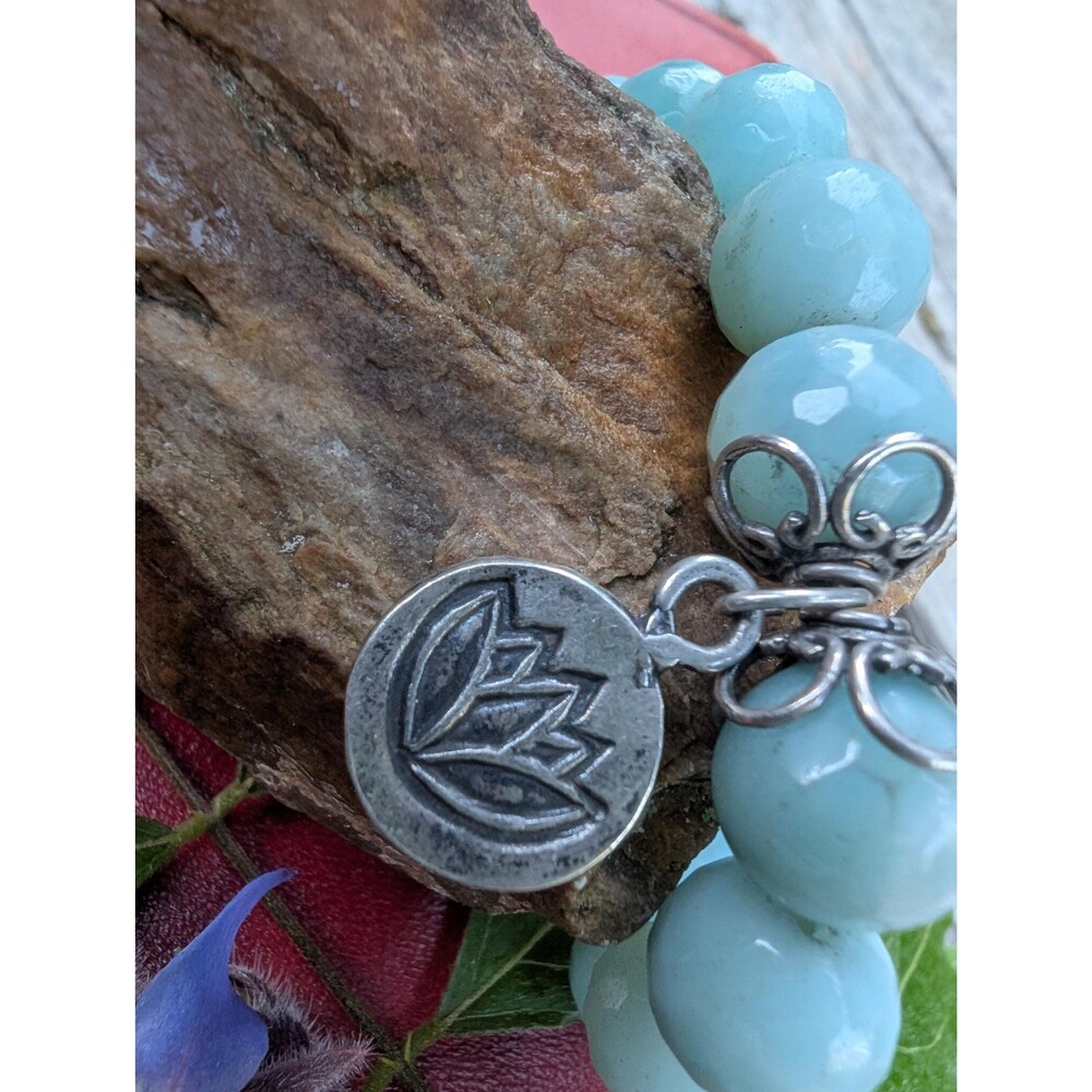 Vintage Sterling Amazonite Bead Bracelet, Lotus Zen Bracelet - Picture 8 of 10